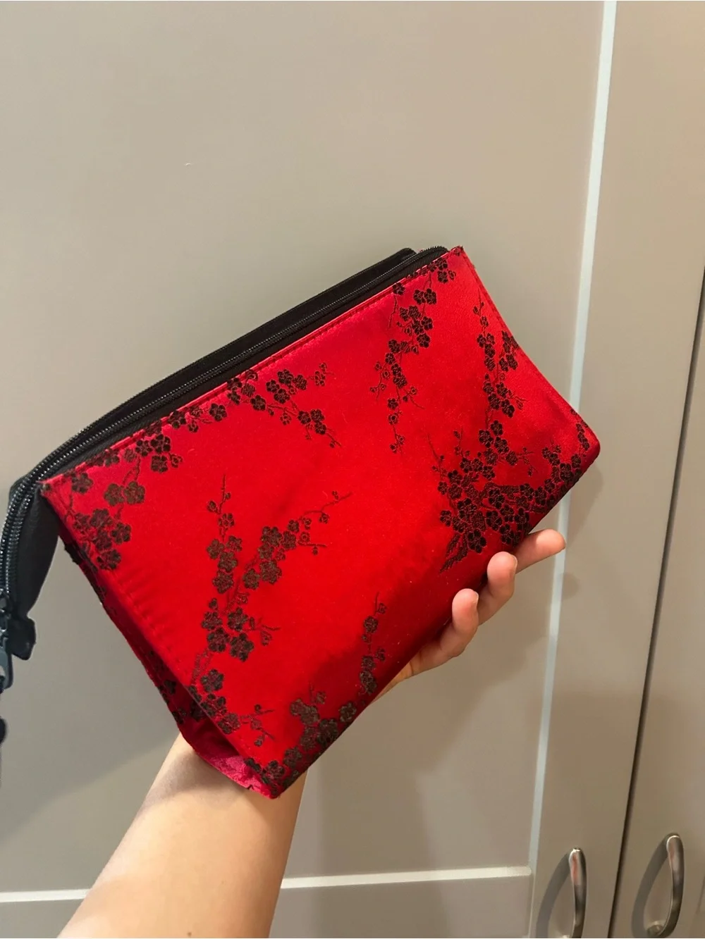 Red Floral Satin Zip Clutch Bag with Tassel